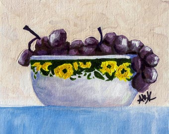 Original 8x8 Acrylic Painting, Grapes in Sunflower Bowl, Kitchen Still Life, Small Wall Art