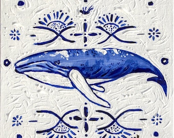 Jonah and the Fish Acrylic Painting | Textured Blue Whale Coastal Art (8x8 Canvas)