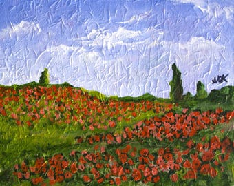 Original Poppy Field Acrylic Painting 8x10 Canvas | Red Wildflower Landscape Art | Textured Floral Wall Decor | Impressionist Nature Artwork