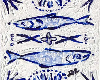 Original Blue Fish Painting 5x5 | Textured Coastal Folk Art Canvas | Mediterranean Ocean Artwork