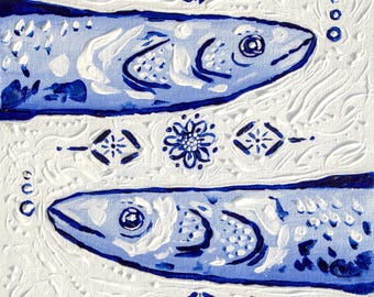 Original Textured Blue Sardines Painting 8x8, Coastal Nautical Wall Art
