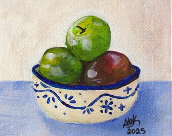Original Acrylic Painting – Blue Trim Fruit Bowl, Kitchen Still Life, Small Wall Art