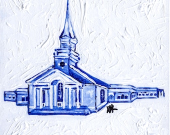 Original Blue Church Acrylic Painting 8x8 Canvas | Architectural Wall Art | Textured Blue & White Artwork | Minimalist Building Decor