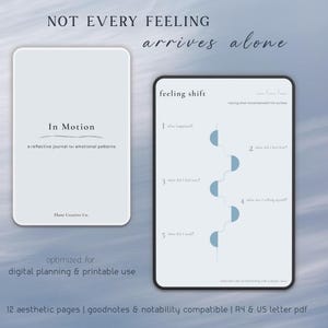 Puede incluir: Un diario de reflexión digital titulado In Motion de Elune Creative Co. con una página de cambio de sentimiento que incluye cinco preguntas numeradas e iconos de semicírculos azules. El texto dice NOT EVERY FEELING arrives alone.