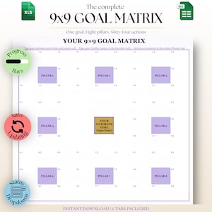 May include: A digital 9x9 goal matrix spreadsheet template featuring a central gold cell for an ultimate goal surrounded by eight lavender pillar cells. The layout includes progress bars, auto-updating features, and status dropdown menus.