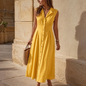 Women’s Button Front Sleeveless Shirt Dress, Summer Casual Loose Fit A Line Maxi Dress, Longline V Neck Dress with Pockets