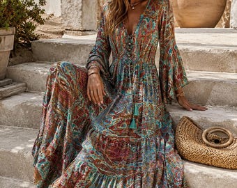 Vestido largo bohemio para mujer, vestido estampado con escote en V y mangas acampanadas, vestido de verano de talle alto para vacaciones en la playa, vestido largo informal y fluido.
