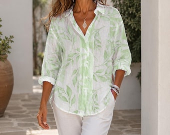 Green Summer Floral Shirt, Bohemian V-Neck Button Up Top, Women’s Loose Fit Vacation Blouse with Ruffle Three Quarter Sleeves