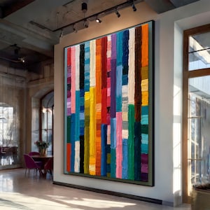Color Block Abstract Canvas Art, Vertical Palette Knife Painting, Modern Living Room Decor