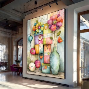 Whimsical Floral Folk Art Wall Art, Colorful Patchwork Vase Nursery Decor