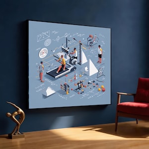 Fitness Science Isometric Print, Modern Gym Wall Art, Blue STEM Canvas