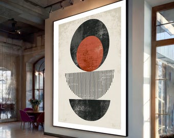 May include: A large rectangular wall art piece featuring a vertical arrangement of geometric shapes on a cream background. The design includes a textured black circle containing a solid orange circle, a black and white striped semicircle, and a black semicircle.