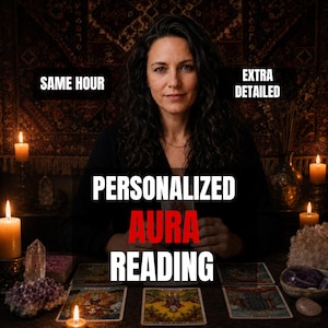 May include: A person sits behind a table with tarot cards, candles, and crystals. Text on the image reads: SAME HOUR, EXTRA DETAILED, PERSONALIZED AURA READING. The scene is dimly lit with a dark patterned tapestry in the background.