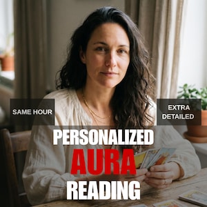 May include: A woman holding tarot cards, with the words "PERSONALIZED AURA READING" in large white and red text. The image also includes the text "SAME HOUR" and "EXTRA DETAILED". The woman is wearing a light-colored blouse and a gold necklace.