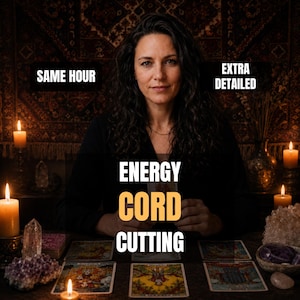 May include: A person with dark wavy hair sits at a table with tarot cards, candles, and crystals. Text on the image reads: SAME HOUR, EXTRA DETAILED, ENERGY CORD CUTTING. The scene is dimly lit with a dark patterned tapestry in the background.