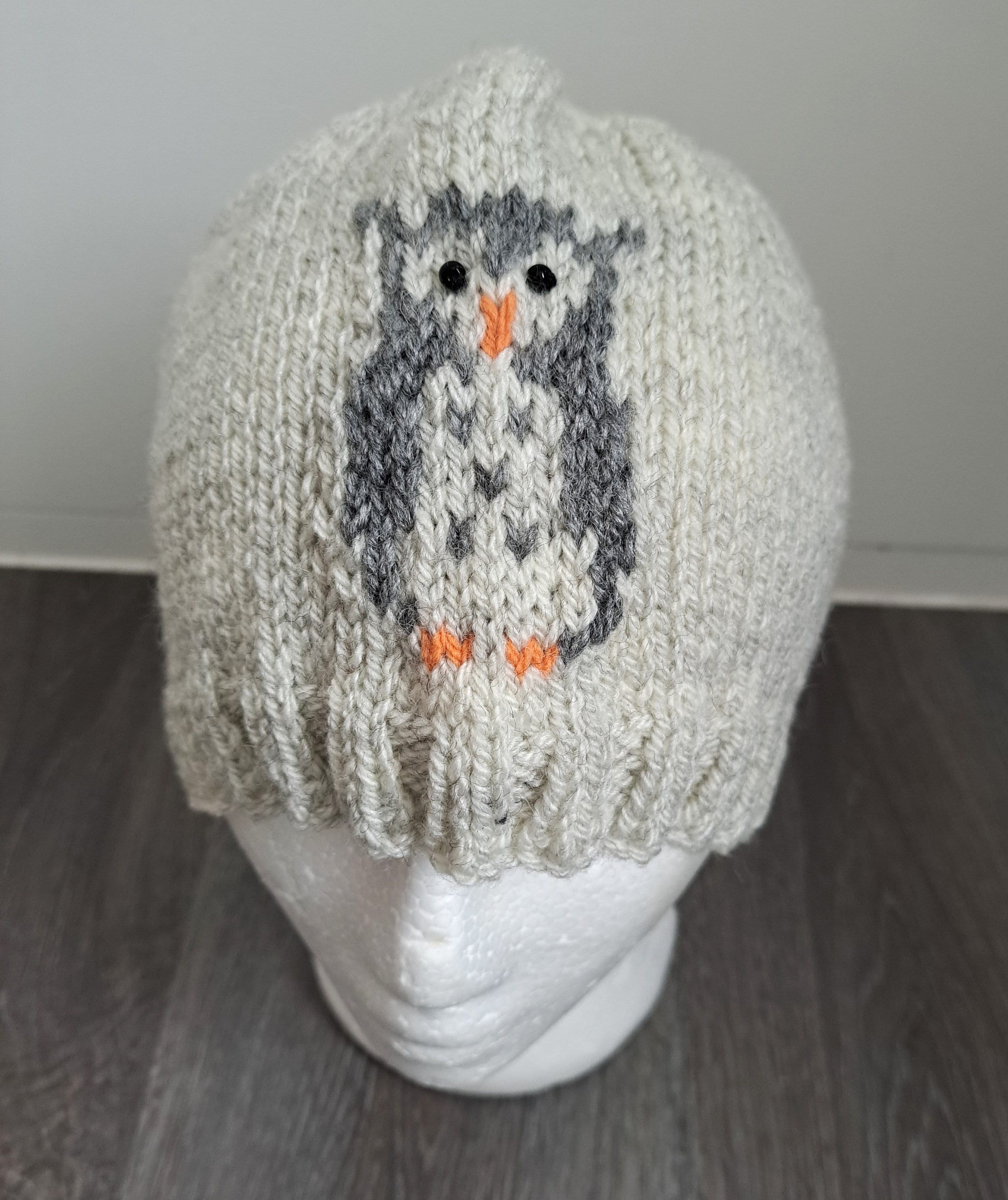 Handknitted Grey Owl Beanie hat