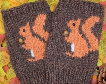 May include: A pair of brown knitted mittens with orange squirrel designs. The mittens are surrounded by artificial fall leaves.