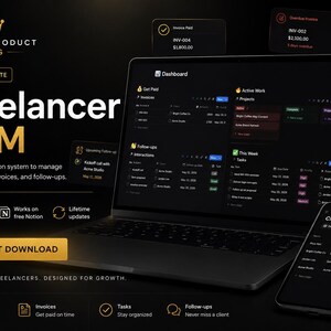 May include: A dark-themed digital product advertisement for a Freelancer CRM Notion template. The image features a laptop and smartphone displaying the CRM interface, with text highlighting features like client management, invoicing, and project tracking.