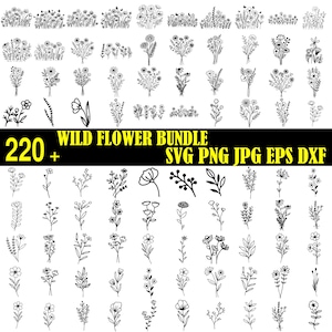Peut inclure: Une collection numérique de plus de 220 illustrations en noir et blanc représentant diverses fleurs sauvages, bouquets floraux et tiges botaniques. L'image inclut le texte 220+ WILD FLOWER BUNDLE SVG PNG JPG EPS DXF en police jaune.