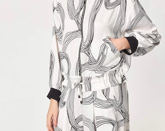 Abstract Line Print Bomber Jacket | Artistic Lightweight Jacket | Modern Resort Wear