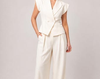 Fluid Sleeveless Tailored Ecru Suit Set | Double-Breasted Vest & Wide-Leg Trousers