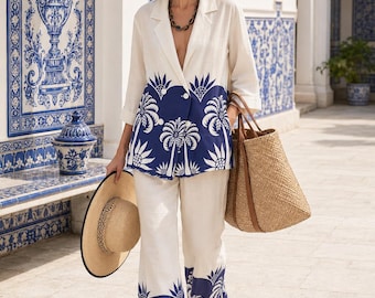 Viscose Linen Set | Women’s Wide Leg Pants & Blazer