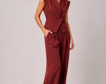 Burgundy Tailored Vest & Wide Leg Pants Set | Sleeveless Suit | Elegant Co Ord Outfit