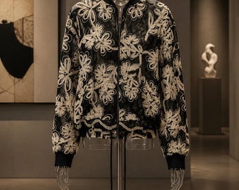 Black Floral Lace Bomber Jacket | Lightweight Embroidered Zip-Up Jacket