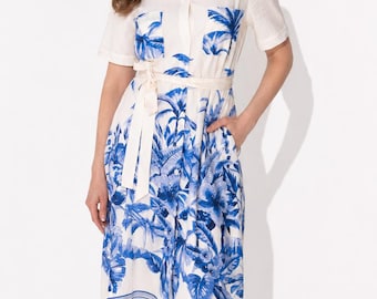 Blue White Tropical Shirt Dress | Elegant Midi Summer Dress