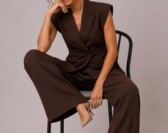 Chocolate Brown Tailored Vest & Wide Leg Pants Set | Sleeveless Suit