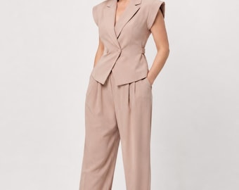 Fluid Sleeveless Tailored Beige Suit Set | Double-Breasted Vest & Wide-Leg Trousers