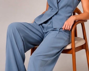 Fluid Sleeveless Tailored Dusty Blue Suit Set | Double-Breasted Vest & Wide-Leg Trousers