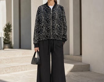 Black Oversized Bomber Jacket | Sheer Mesh Embroidered Sequin Jacket | Available in S, M, L & XL Sizes