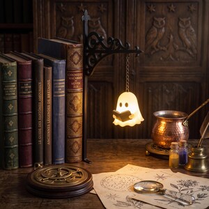 Gothic Lantern Bookend with Dimensions, Cute Ghost Lamp Shelf Decor, Dark Academia Reading Nook Accessory, Fantasy Book Nook Light