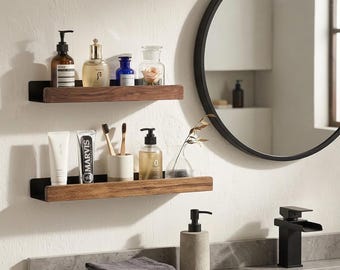 Floating Wood and Black Metal Shelf – Rustic Wall Organizer, Japandi Industrial Decor