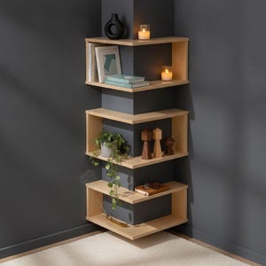 Op de afbeelding: Een set van drie lichtgekleurde houten hoekplanken die verticaal boven elkaar zijn gemonteerd. De planken hebben een L-vormig ontwerp dat in een hoek past en bieden vlakke oppervlakken voor het uitstallen van boeken, een plant en kaarsen.