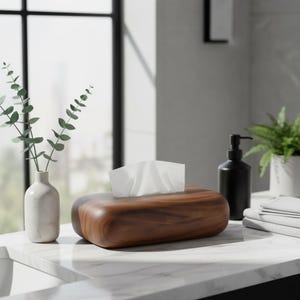 以下が含まれることがあります： 白いティッシュが入った、木目調の木製ティッシュボックス。その隣には、黒い石鹸ディスペンサー、緑の小枝が入った小さな白い花瓶、鉢植えの植物があります。大理石のカウンタートップに置かれています。