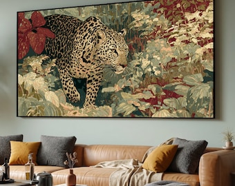 May include: A rectangular wall art print featuring a leopard with black spots walking through a dense jungle. The scene includes large red leaves, various green foliage, and cream-colored flowers, all rendered in a detailed, illustrative style.