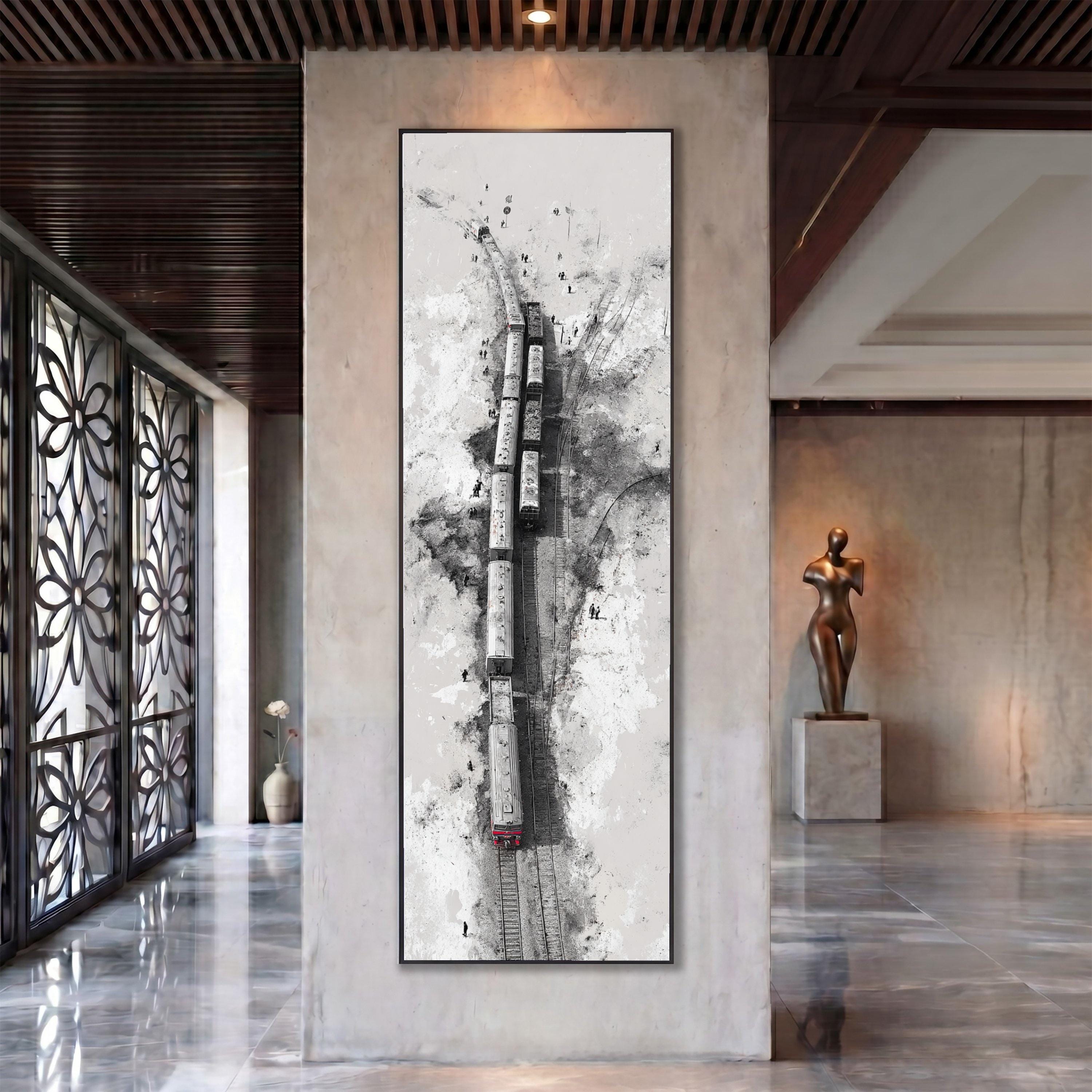 Vintage Train Tracks Canvas, Black White Railway Aerial Art, Industrial Style Wall Print