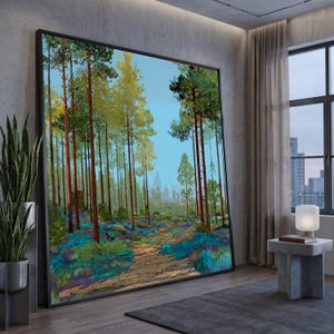 Può includere: Una grande opera d'arte murale rettangolare che raffigura un paesaggio boschivo con alti pini, un sentiero sterrato e un sottobosco dai toni blu e verdi vivaci sotto un cielo azzurro, incorniciata da un sottile bordo nero su una parete grigia.
