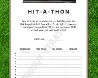 Printable Hit-A-Thon Pledge Sheet | Baseball Softball Fundraiser Template | Youth Sports Fundraising Form