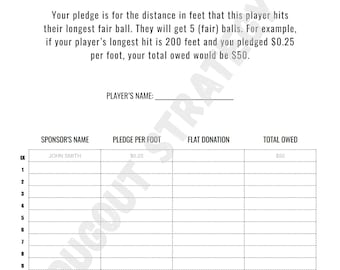 Printable Hit-A-Thon Pledge Sheet | Baseball Softball Fundraiser Template | Youth Sports Fundraising Form