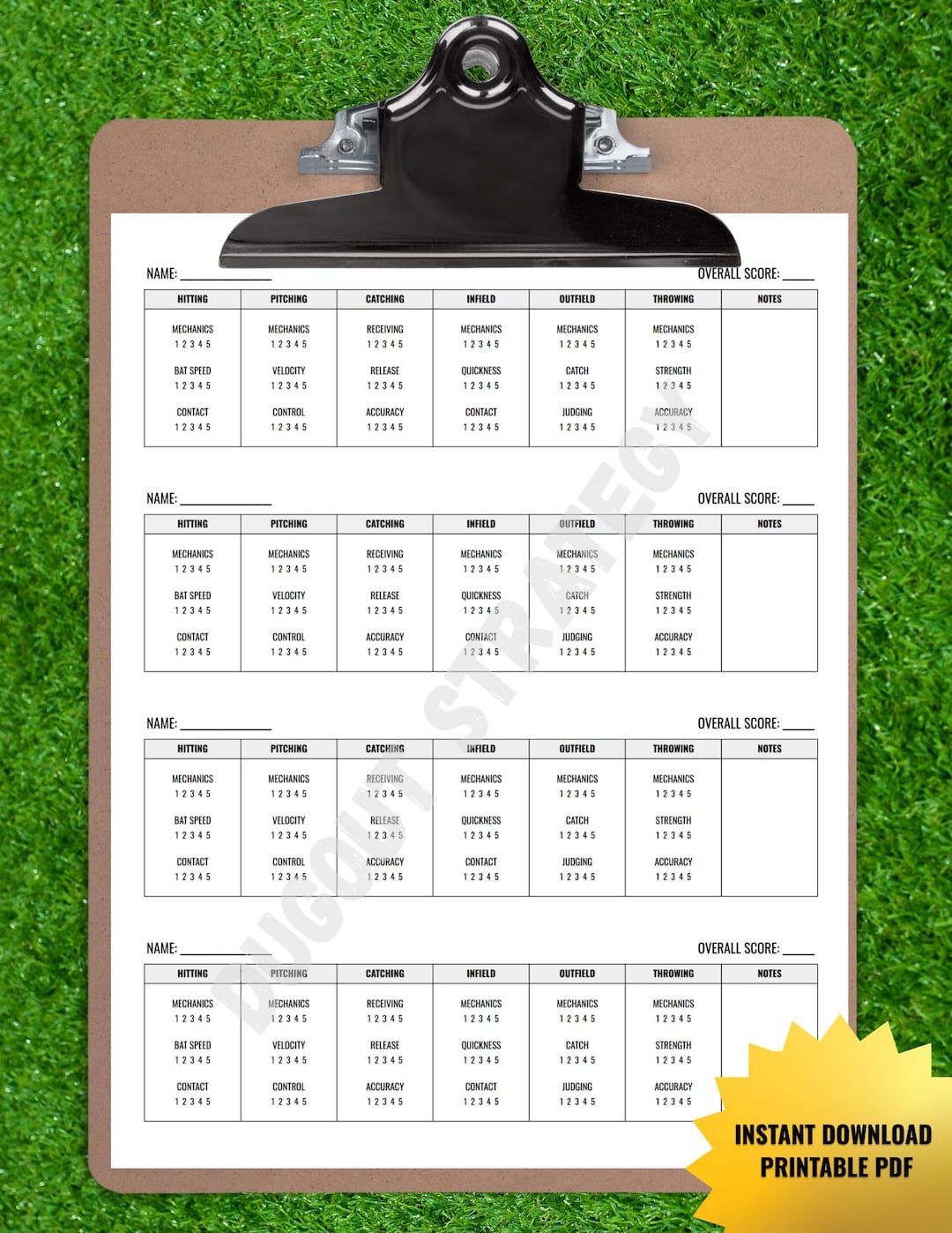 Baseball Softball Tryout Evaluation Form Player Assessment Sheet Youth ...