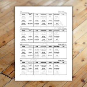 May include: A white volleyball evaluation sheet featuring four identical sections with blank lines for Name and Overall Score. Each section contains a table with columns for Serving, Passing/Serve Receive, Setting, Attacking/Hitting, Blocking, Defense/Digging, and Notes.