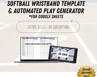 Softbalpolsbandgenerator | Geautomatiseerde Play-oproepbladen (digitale download) - Google Spreadsheets 96-rastersjabloon