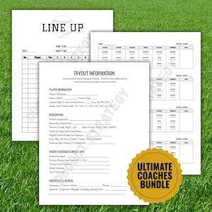 Pode incluir: Um conjunto de formulários de papel impressos em branco para treino de basebol, incluindo uma folha de alinhamento, informações sobre testes de jogadores e cartões de avaliação. Os documentos apresentam texto preto, linhas para entrada de dados e um emblema circular dourado com o texto ULTIMATE COACHES BUNDLE.