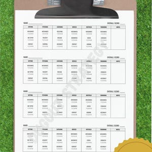 May include: A brown clipboard holding a white paper baseball evaluation form with four sections for player names and overall scores. The form includes columns for hitting, pitching, catching, infield, outfield, and throwing, each with a 1-5 rating scale.