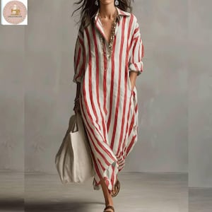 Vestido caftan listrado de linho para o verão || Saída de praia oversized || Look descontraído para resort com bolsos