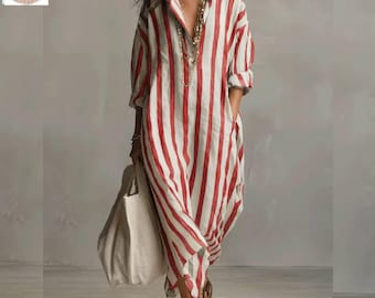 Zomerse gestreepte linnen kaftanjurk|| Oversized strandkleed|| Relaxte resortoutfit met zakken