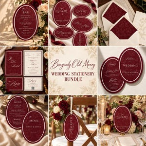 May include: A wedding stationery bundle featuring oval and rectangular cards in deep burgundy with white floral line art. Includes menus, table numbers, reserved signs, and invitations with text such as "The Bar," "Table 1," and "Burgundy Old Money."